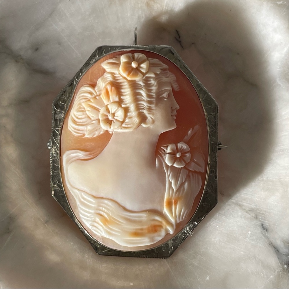 Solid 14K Antique white gold cameo Art Deco Goddess Victorian Pendant brooch pin - Picture 5 of 17